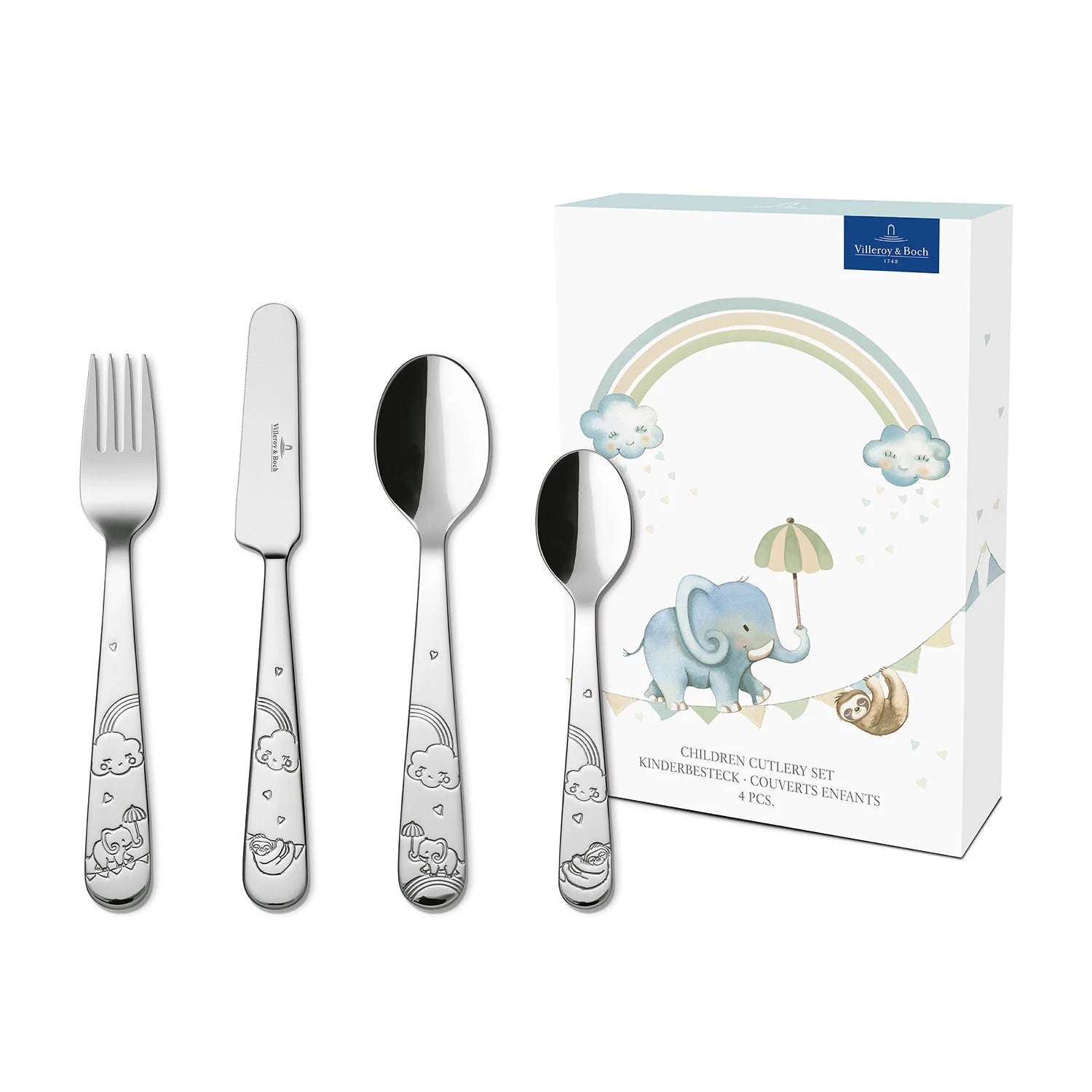 Children's 4-piece cutlery set with adorable elephant design – includes spoon, fork, knife, and teaspoon made from safe, child-friendly material.