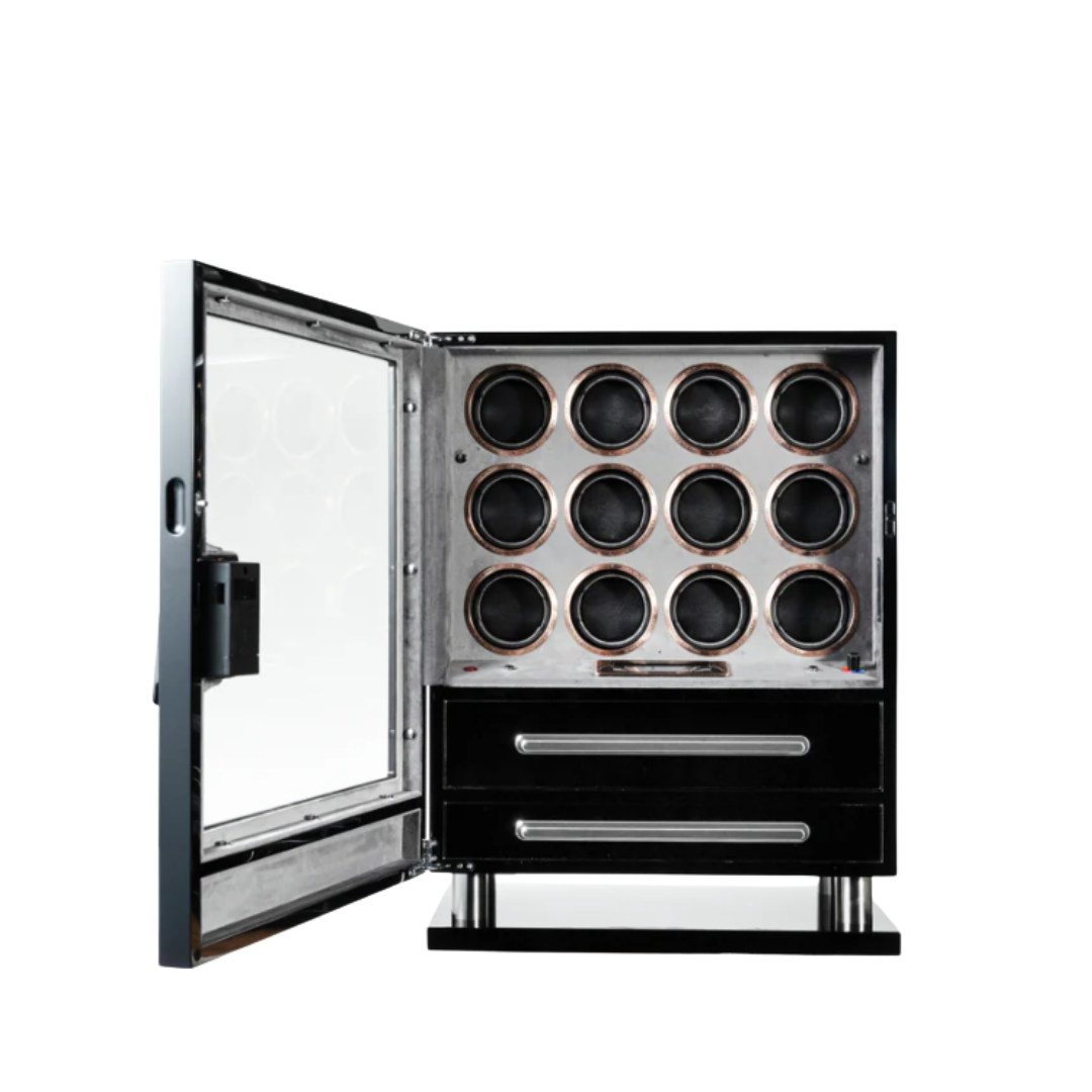12 piece Watch Winder with 2 Drawers, Black