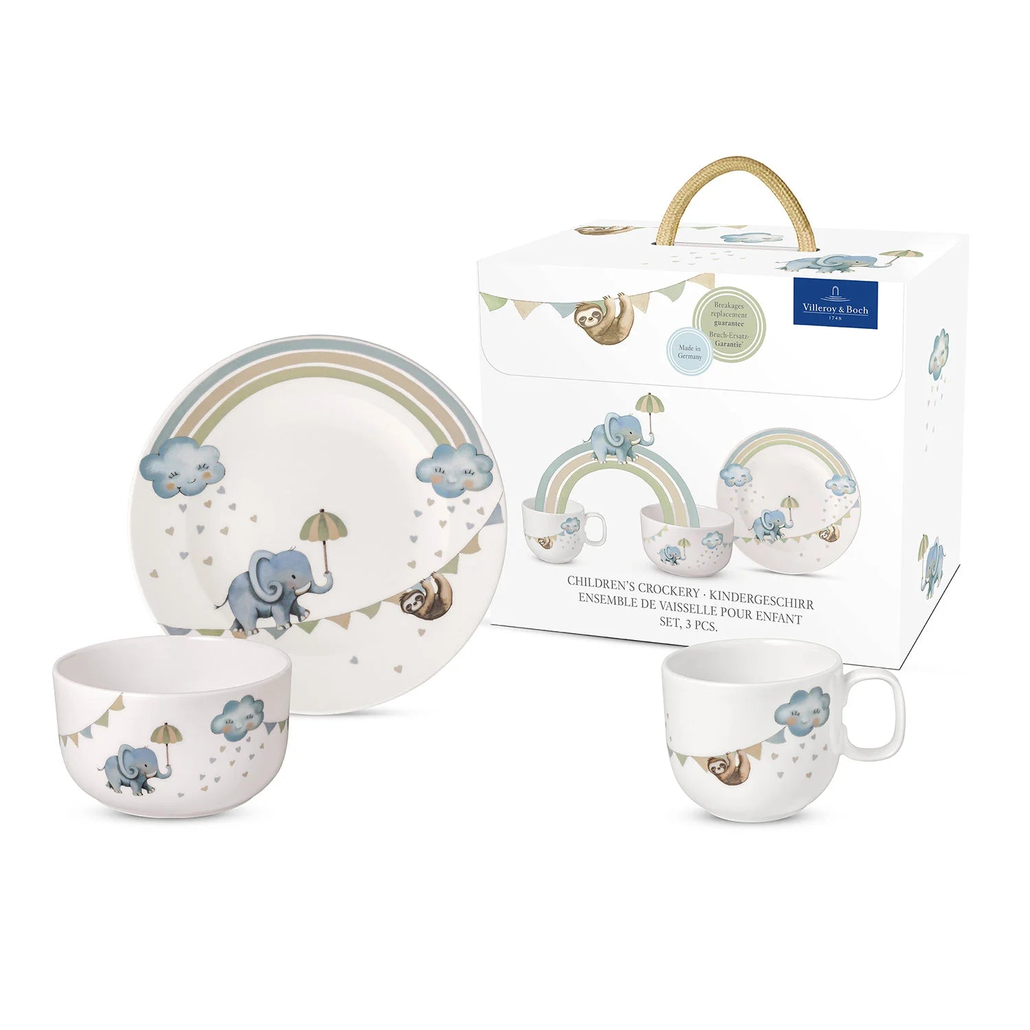 Children's 3-piece crockery set with cute elephant design – includes plate, bowl, and cup made from safe, durable material.