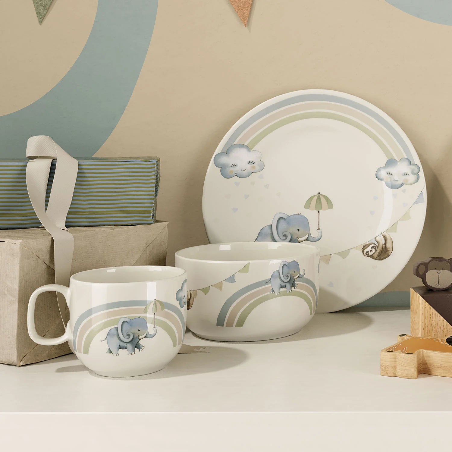 Children's 3-piece crockery set with cute elephant design – includes plate, bowl, and cup made from safe, durable material.