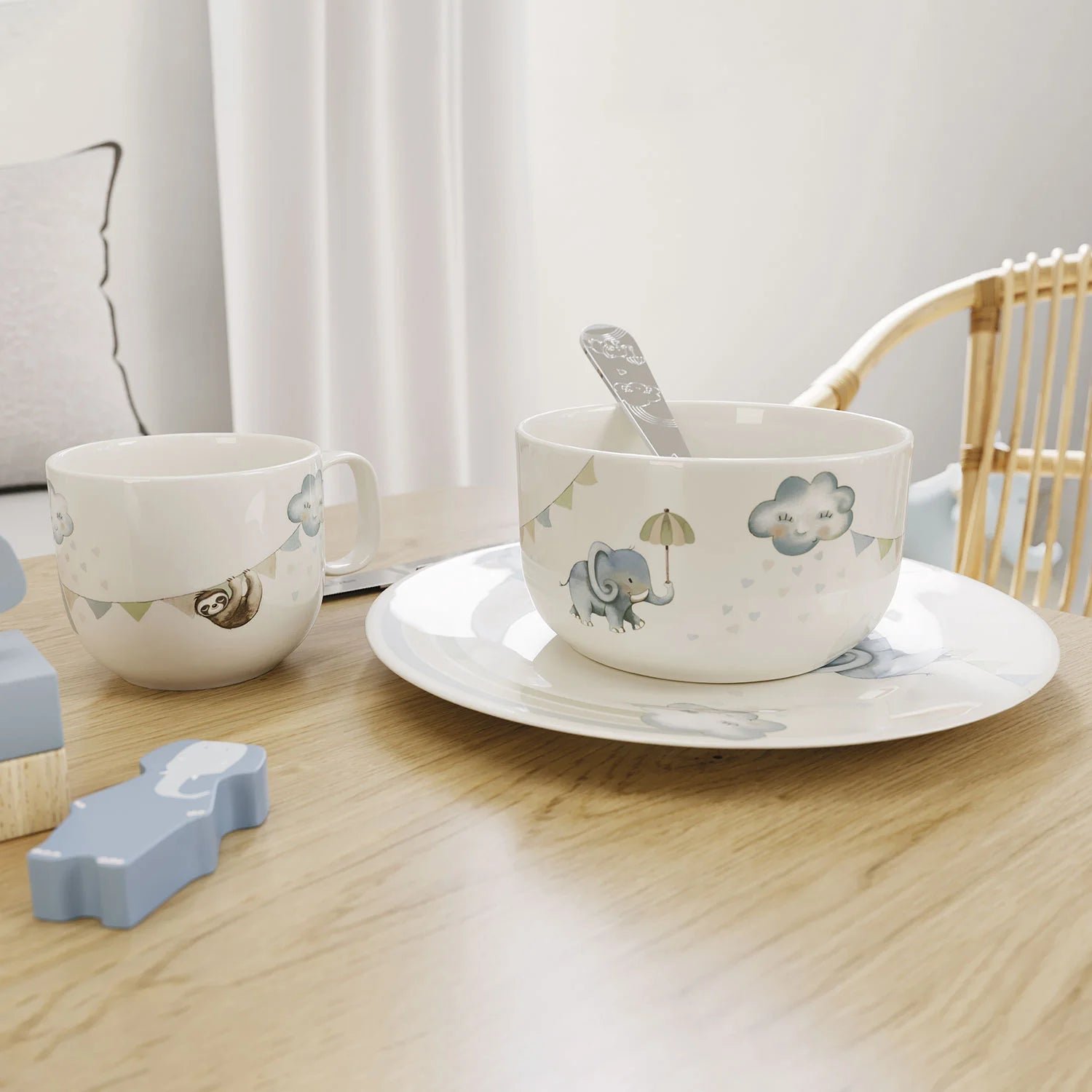 Children's 3-piece crockery set with cute elephant design – includes plate, bowl, and cup made from safe, durable material.