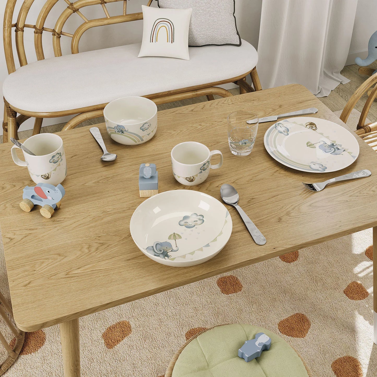 Children's 3-piece crockery set with cute elephant design – includes plate, bowl, and cup made from safe, durable material.