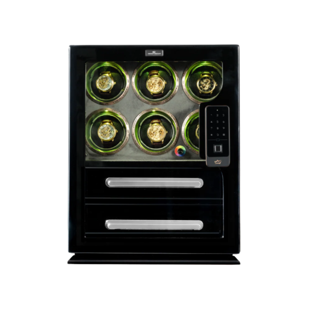 6 Piece Watch Winder with 2 Drawers, Black
