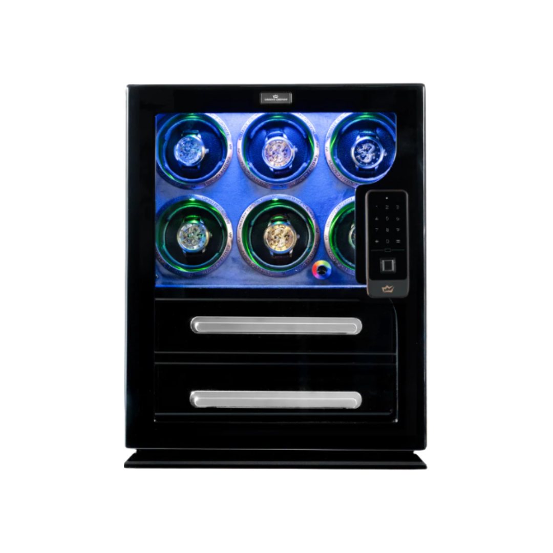 6 Piece Watch Winder with 2 Drawers, Black