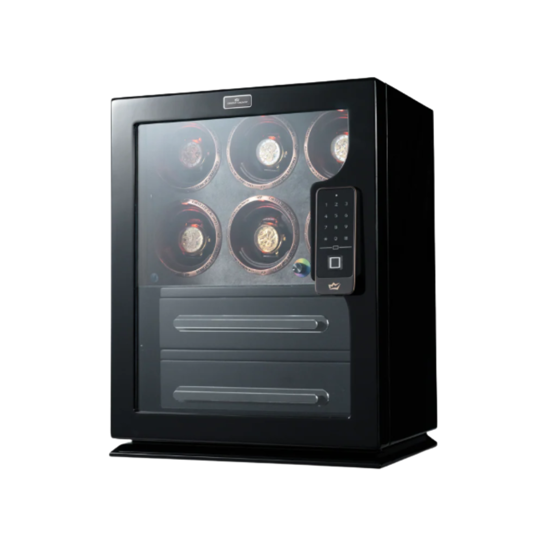 6 Piece Watch Winder with 2 Drawers, Black