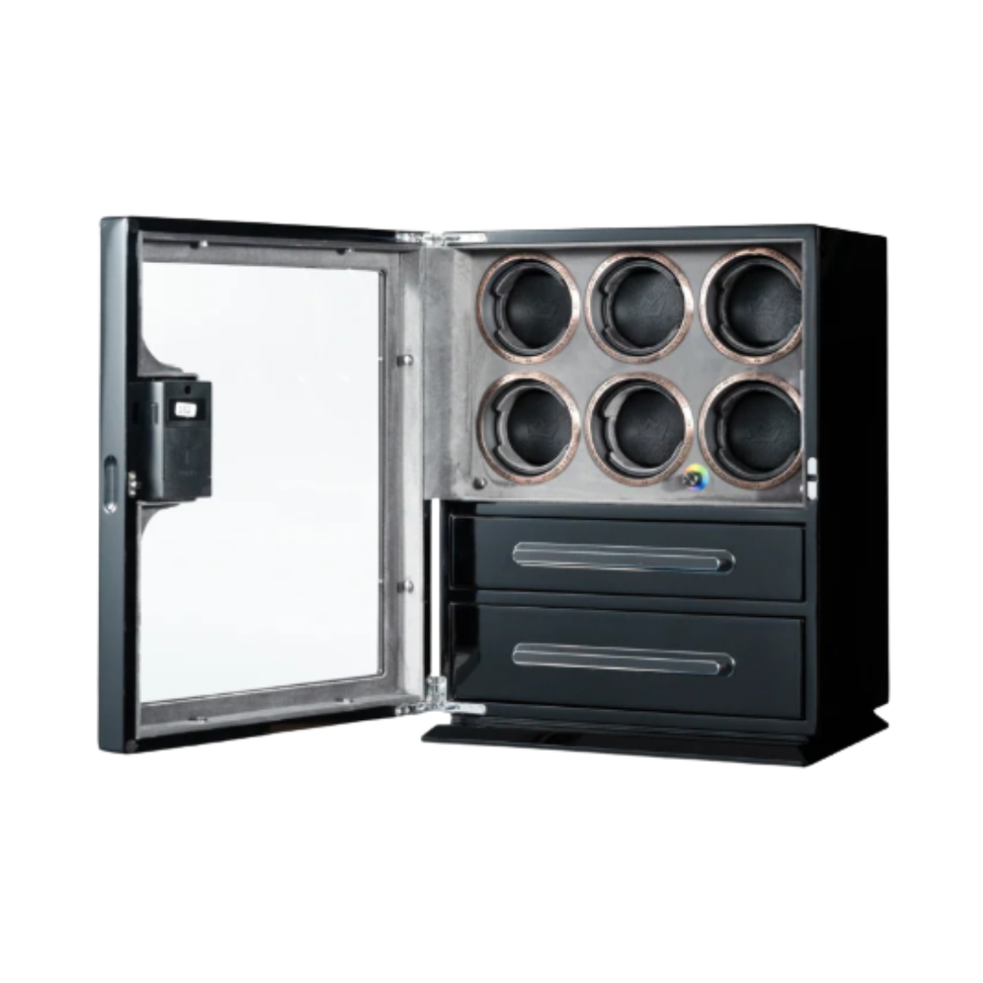 6 Piece Watch Winder with 2 Drawers, Black