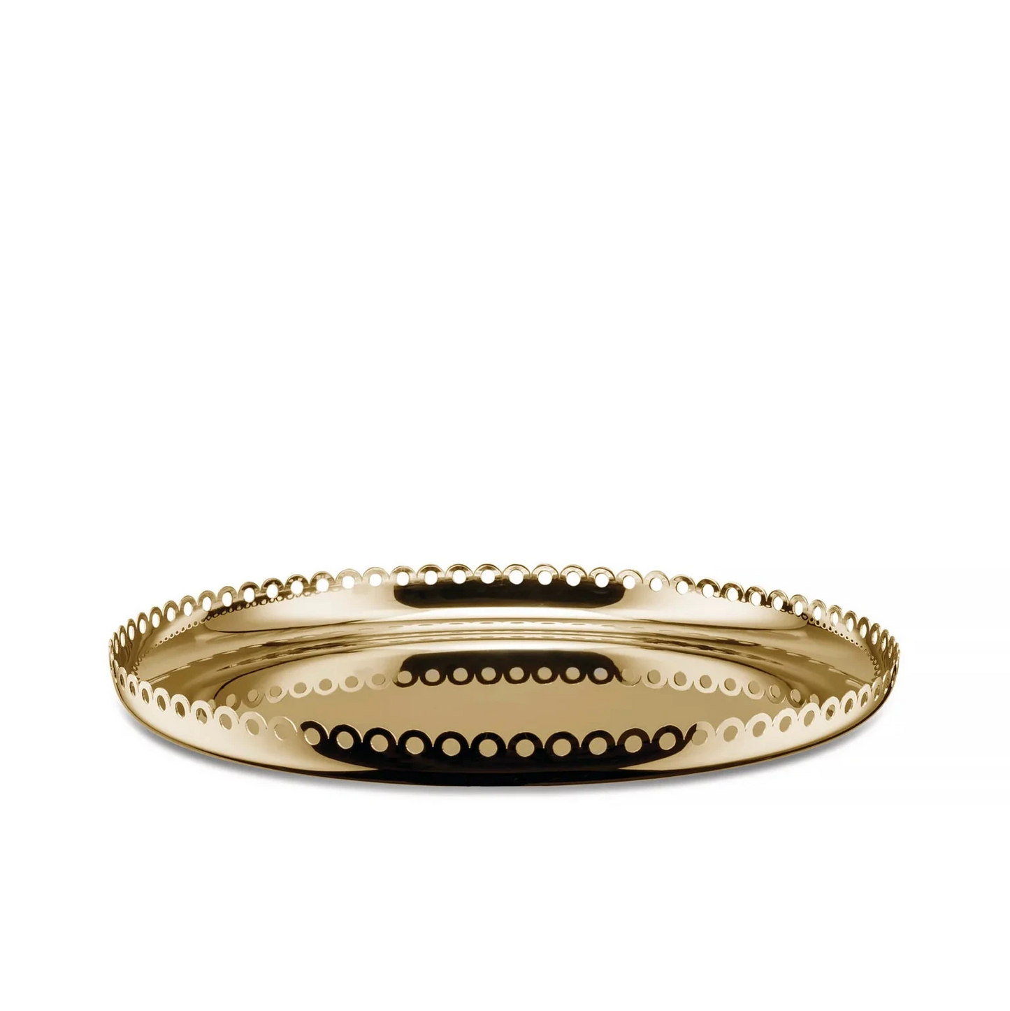18/10 stainless steel round tray with brass PVD coating, with scallops and perforated edge with a 35cm diameter