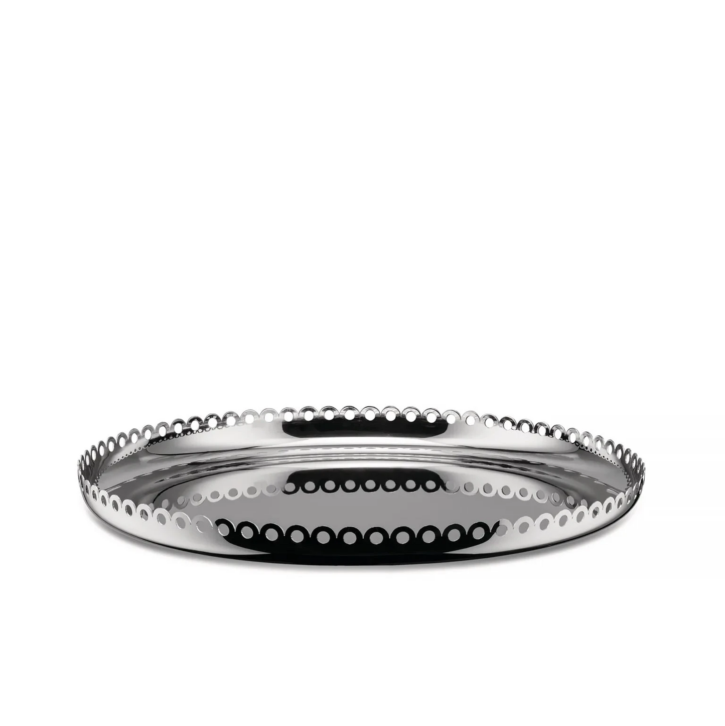 18/10 stainless steel round tray with scallops and perforated edge with a 35cm diameter