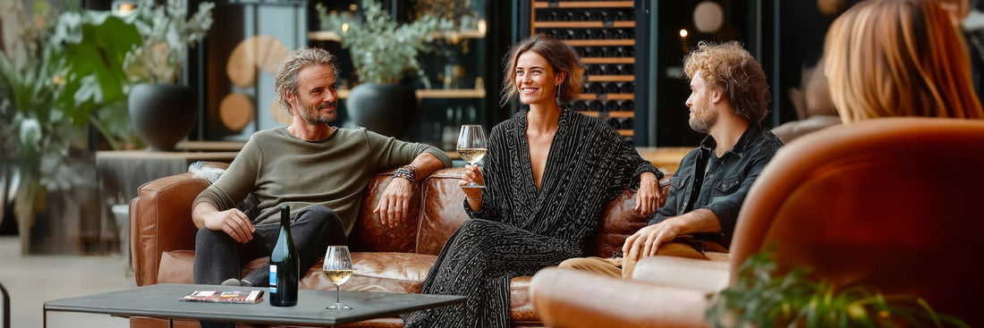 Friends sharing wine beside a EuroCave Revelation wine cabinet