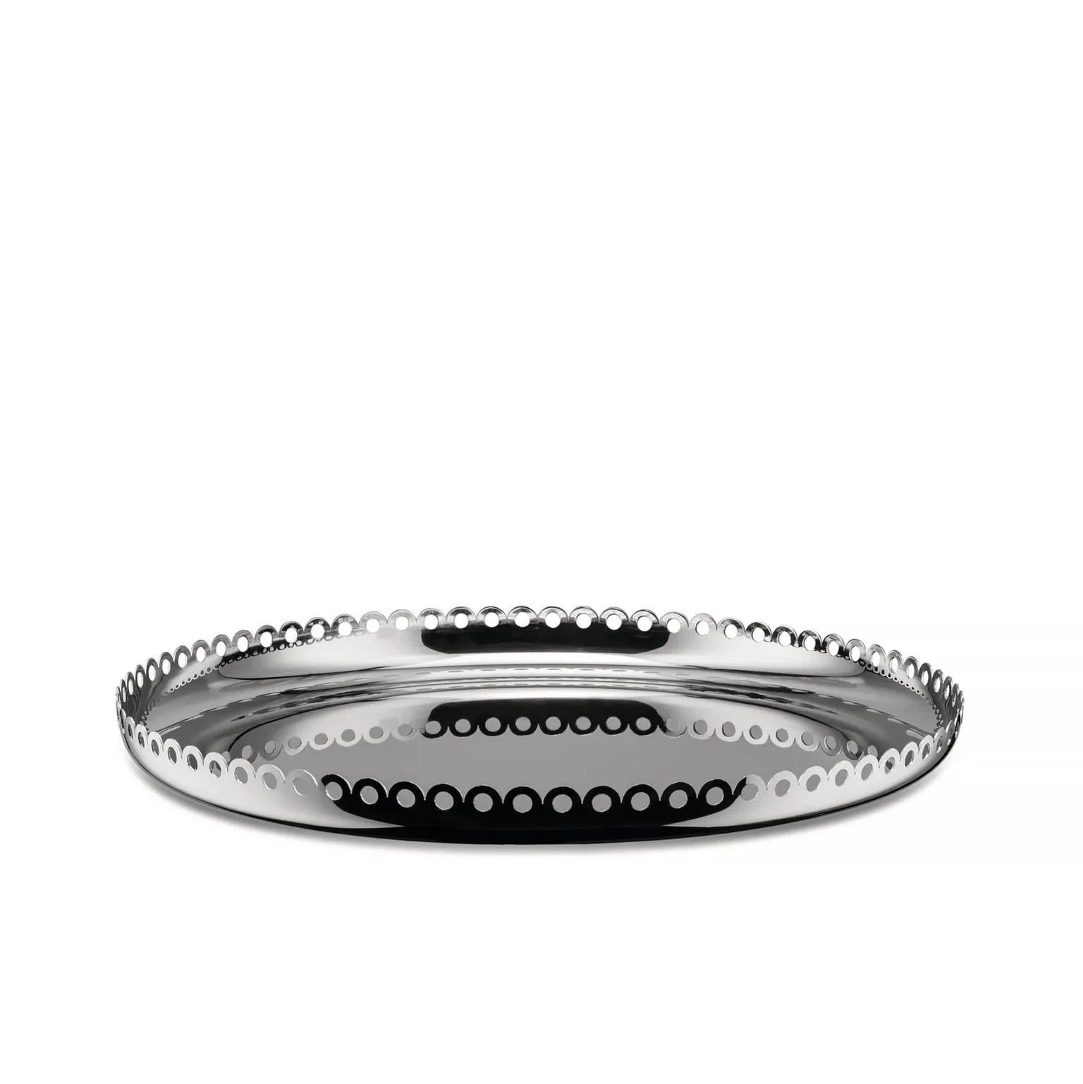 18/10 stainless steel round tray with scallops and perforated edge with a 35cm diameter